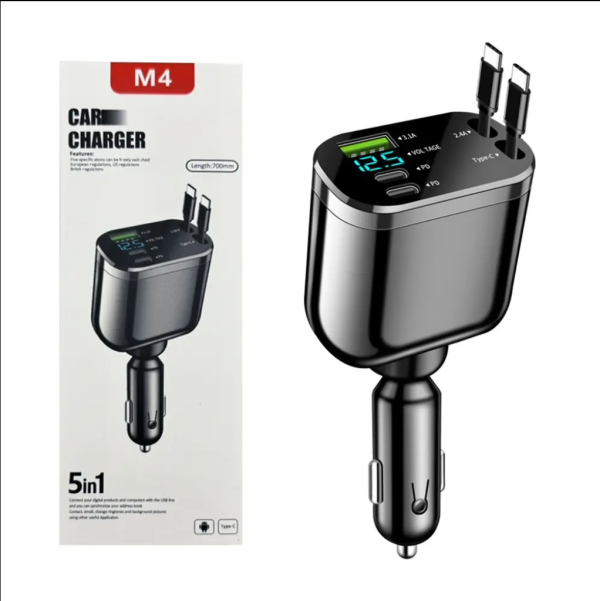 5_in_1_Super_Fast_Charging_Dua_Image_1 (1) 5 in 1 Super Fast Charging Dual Pull Out Retractable Car Charger 12 24V Output TYPE C Car Adapters with QC 3.0 Function
