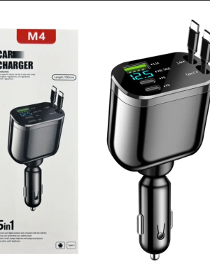 5_in_1_Super_Fast_Charging_Dua_Image_1 5 in 1 Super Fast Charging Dual Pull Out Retractable Car Charger 12 24V Output TYPE C Car Adapters with QC 3.0 Function