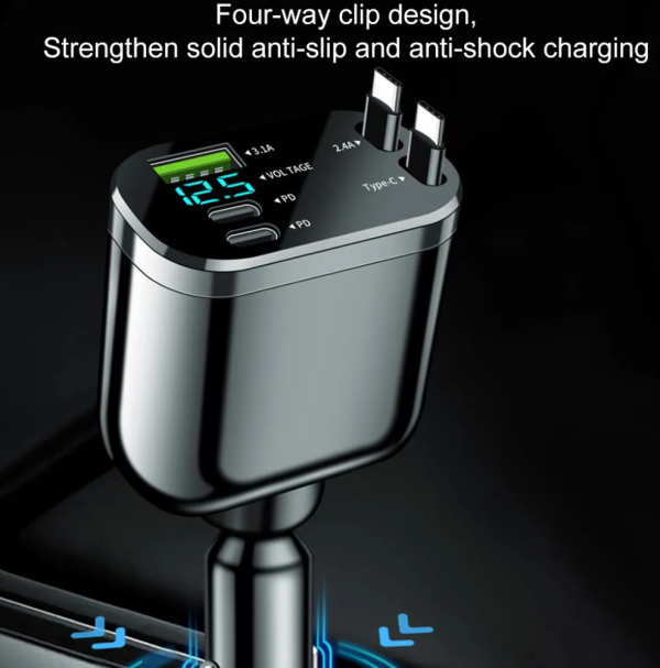 5_in_1_Super_Fast_Charging_Dua_Image_4 5 in 1 Super Fast Charging Dual Pull Out Retractable Car Charger 12 24V Output TYPE C Car Adapters with QC 3.0 Function