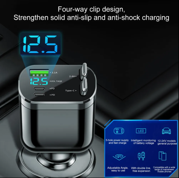 5_in_1_Super_Fast_Charging_Dua_Image_5 5 in 1 Super Fast Charging Dual Pull Out Retractable Car Charger 12 24V Output TYPE C Car Adapters with QC 3.0 Function